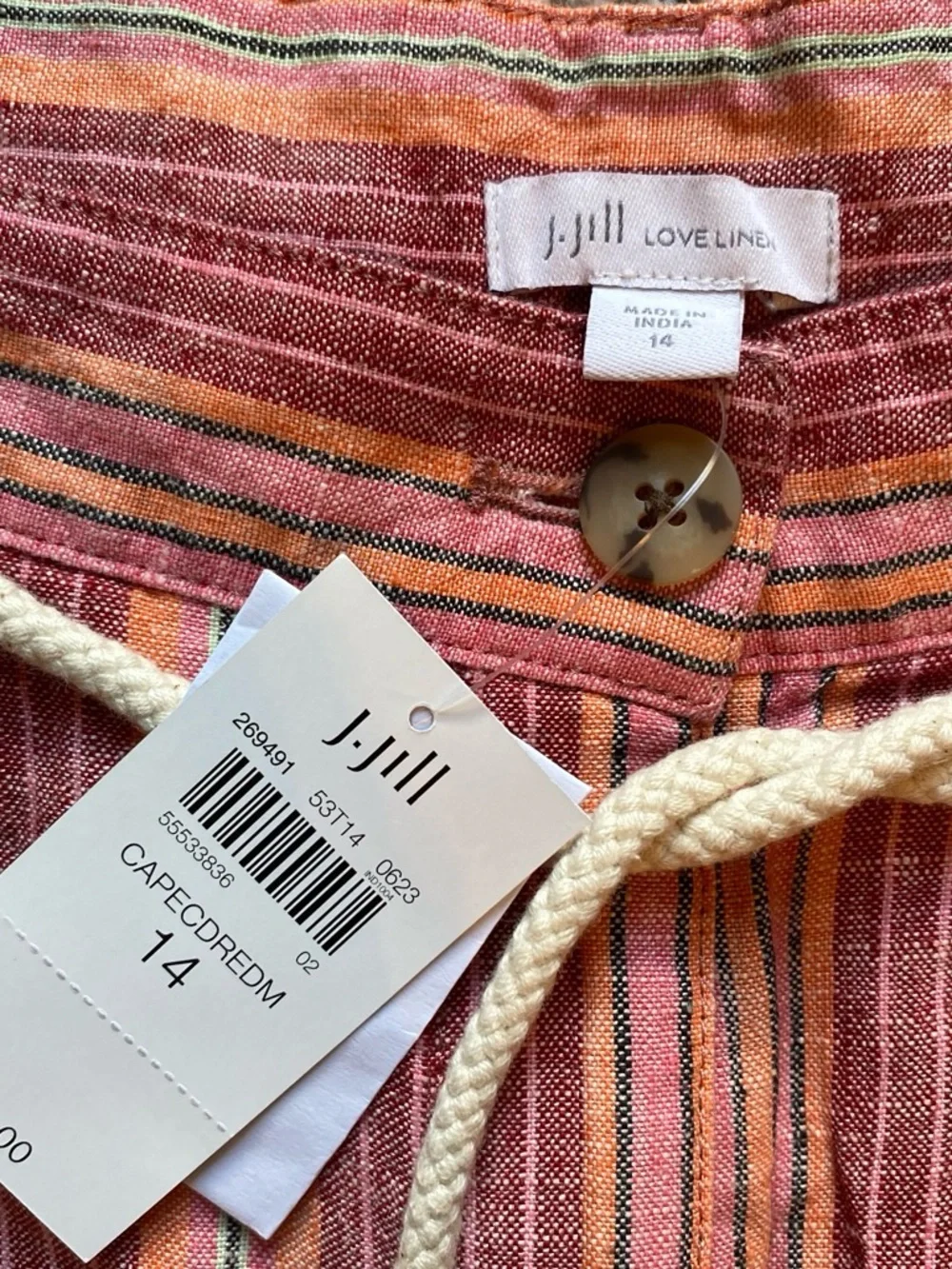 J. Jill Women’s NWT 100% Linen Striped Shorts in Coral and Cream with Rope Belt